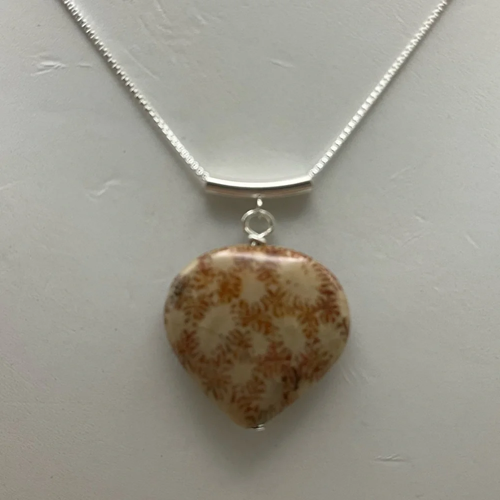 Heart-Shaped Brown Fossil Coral Stone Necklace with Sterling Silver Chain - Picture 1 of 5